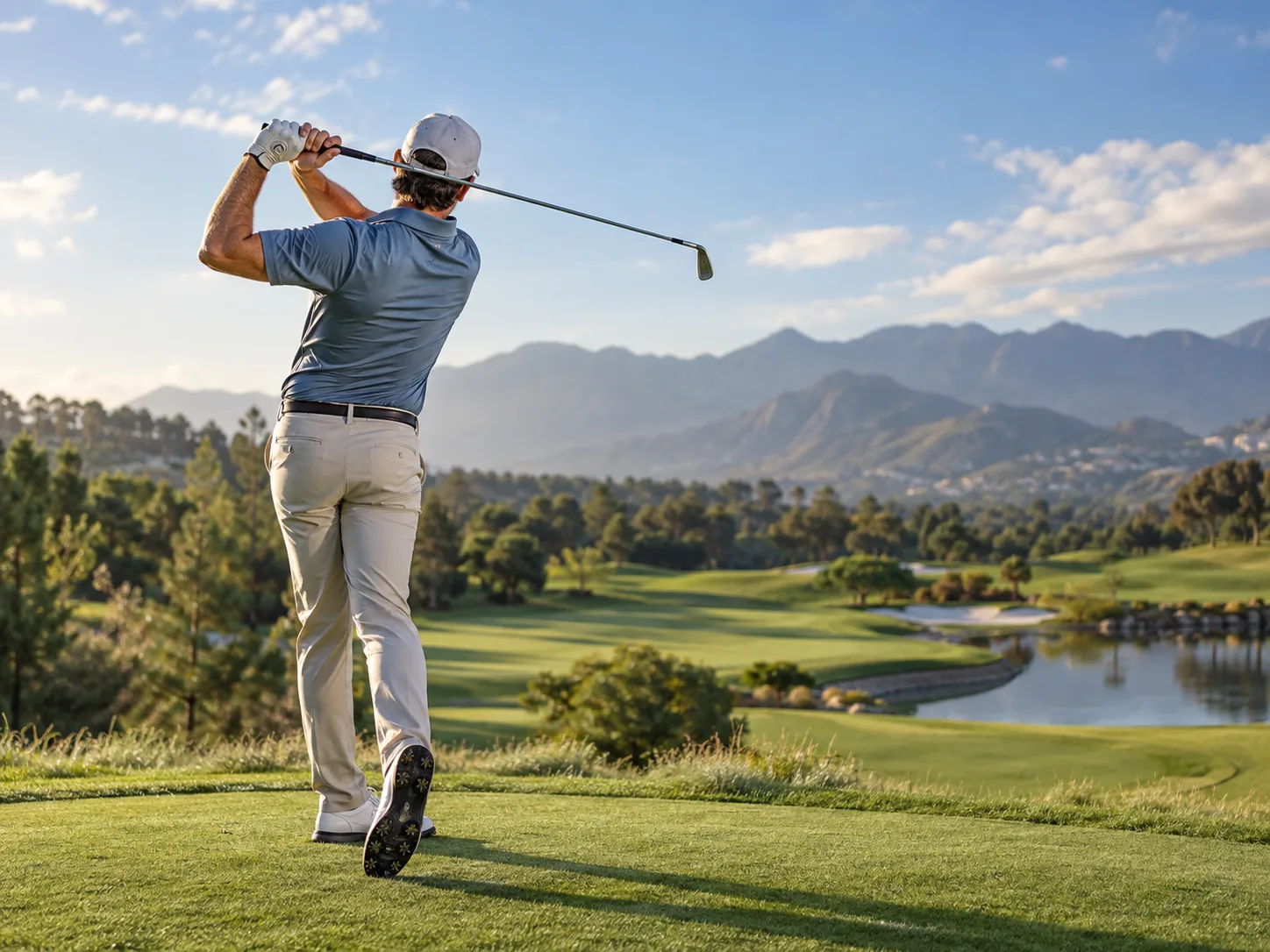 Golfer tijdens een slag op de golfbaan