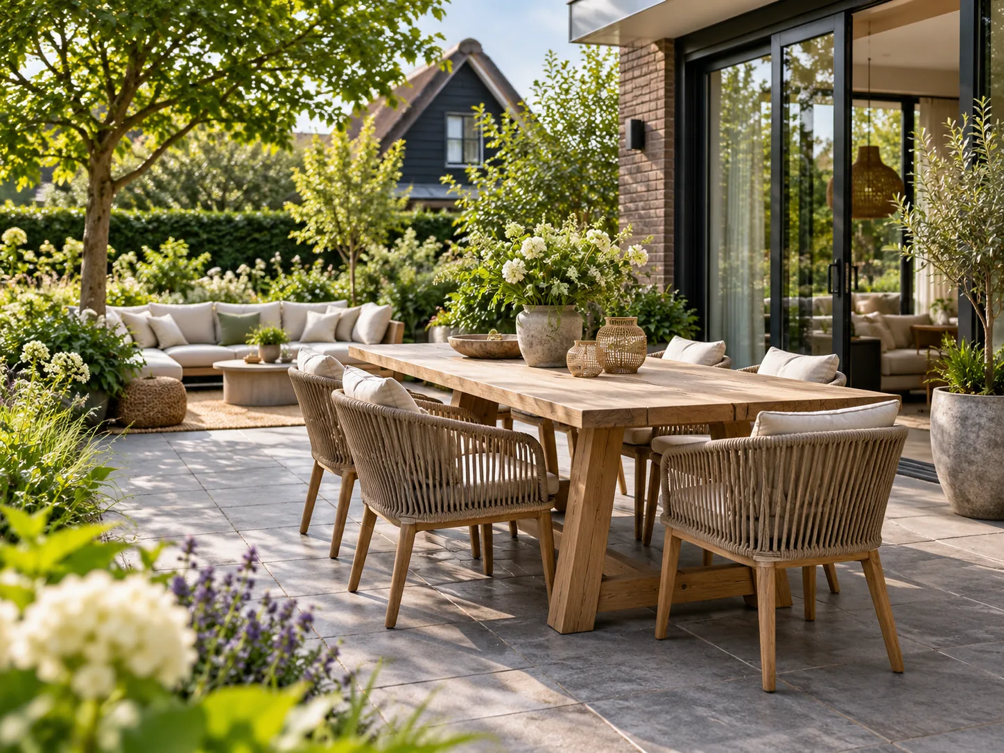 Tuinset op een terras met groene planten