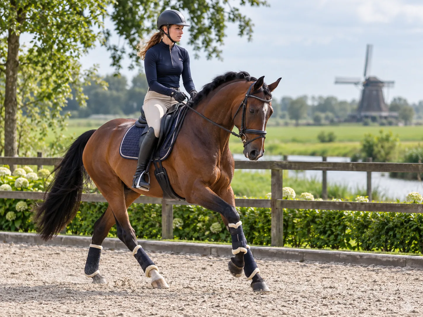 Ruiter op een paard in de buitenbak